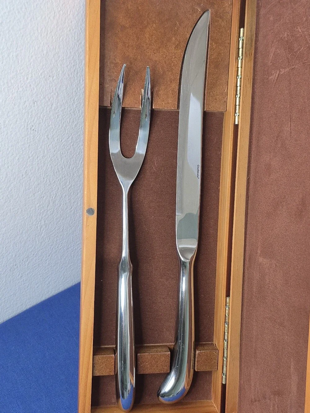 Chefmate Stainless Steel Carving Knife & Fork Set in Wood Case